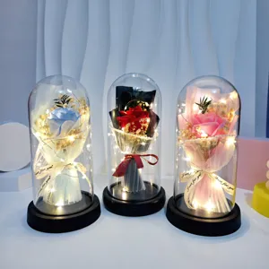 Romantic rose flower bouquet LED night light with acrylic dome, perfect gift for Valentine's Day.