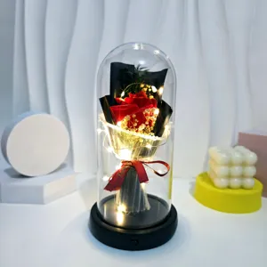 Preserved red rose flower glass dome with LED lights, romantic gift for home decor.
