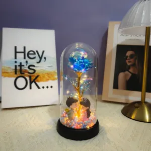 Eternal rose glass dome light with couple figurine, romantic gift for women on Valentine's Day.