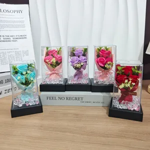 Preserved artificial soap rose flower bouquet gift box with clear case for home decoration.