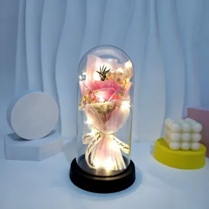 Soap flower rose bouquet LED night light with acrylic glass dome romantic gift for valentine day