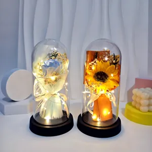 Preserved Rose Sunflower Glass Dome with LED String Lights Romantic Gift for Women
