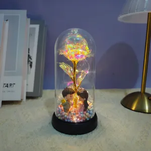 Glass dome preserved rose LED night light romantic couple gift for Valentine's Day birthday.