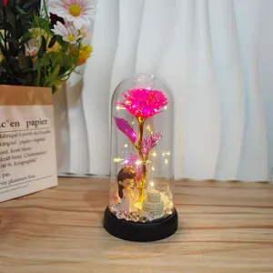 Nahaufnahme der leuchtenden Ewige Rose Glaskuppel Nachtlicht mit süßer Mädchenfigur.