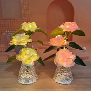 Artificial Rose Flower Bouquet LED Night Light With Glass Vase Gift Box For Valentine Day Mother Day Home Decor