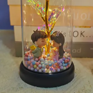 Close-up detail of romantic glass dome rose light with cute couple figurine and colorful balls.
