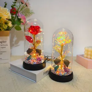 Detailed view of preserved rose glass dome light with romantic couple figurines and warm LED lights.