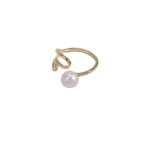Vergoldeter offener Ring im koreanischen Stil mit Herzlinien und edler echter Barockperle.