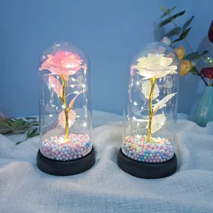 Charming glowing artificial rose in glass dome night light, ideal romantic gift for lovers.