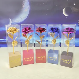 Gold foil artificial rose flower in clear gift box for Valentine and Mother Day gift.