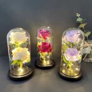Eternal rose flower glass dome with warm LED lights for romantic Valentine gift home decor