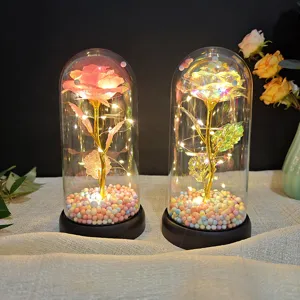 Gold foil artificial rose glass dome LED night light, romantic gift for home decor.