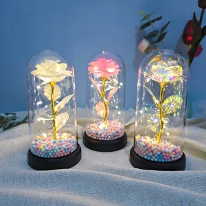 Details of romantic rose night light with glass dome, LED fairy lights and colorful base.