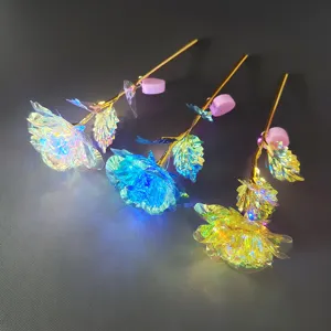 Glowing gold foil artificial rose flower with LED colorful lights, romantic gift for Valentine Day.