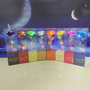 Colorful gold foil rose flower with LED lights in clear box gift for Valentine's Day.