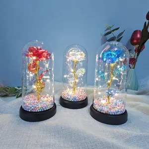 Gold foil galaxy rose LED night light with glass dome for Valentine gift and romantic decor.