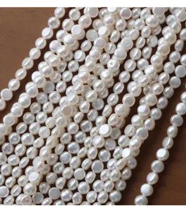 Natural freshwater coin pearl loose strands, smooth white pearl beads for DIY jewelry making detail view.