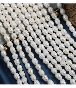 Natural freshwater pearl strands, 9mm deep threaded rice pearls with large holes, elegant white.
