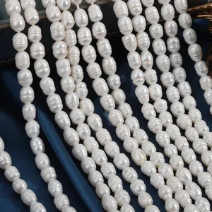 Natural freshwater pearl strands with deep threads, 9mm large hole rice beads for jewelry making.