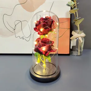 Preserved red rose glass dome with LED light romantic gift for Valentine and Mother day decor