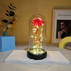 Gold foil rose flower with glass dome and LED string lights romantic gift home decor desktop ornament