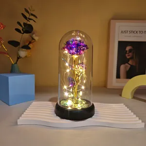 Detailed view of glowing rose lamp in glass dome with warm led lights for romantic decor.