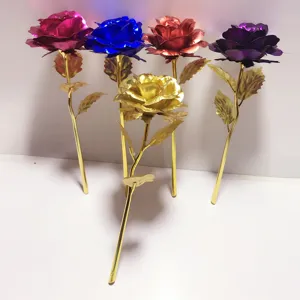 Colorful artificial foil rose flower with gold stem for Valentine's Day gift home decor