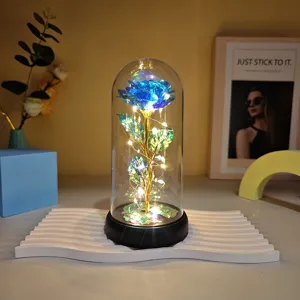 Detailed view of the glowing gold foil rose inside a clear glass dome with warm LED lights.