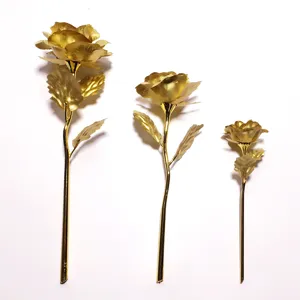 Gold foil artificial rose flower set, premium metal texture gift for Valentine Day detail view.