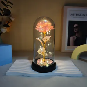 Enchanted gold foil rose in glass dome with LED string lights, perfect romantic gift for women.