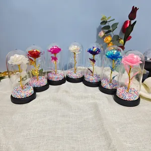 Colorful gold foil rose night light in glass dome for romantic gift decoration desk ornament