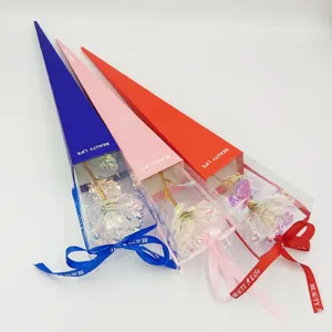 Colorful gold foil rose in long triangular torch gift box for romantic Valentine's Day present