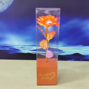 LED gold foil artificial rose flower gift box in clear packaging for romantic Valentine day