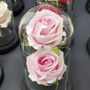 Eternal pink rose glass dome with LED fairy lights, romantic gift and home decor.