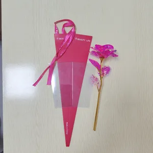 Colorful gold foil artificial rose flower with triangle box and ribbon gift for holiday.