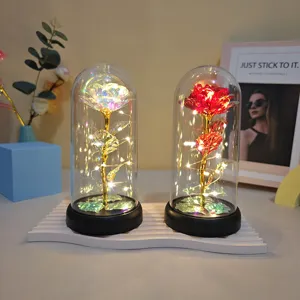 Gold Foil Artificial Rose Flower In Acrylic Cover With LED Fairy Lights Romantic Gift For Valentine Birthday Home Decor