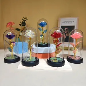 Gold foil rose glass dome LED light artificial flower romantic gift for Valentine Day Mom