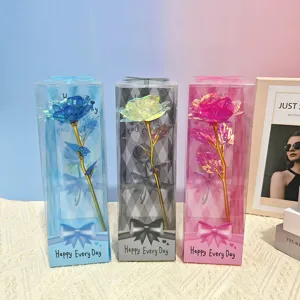 Colorful gold foil artificial rose flower in clear triangle gift box for valentine day