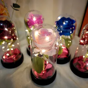 Dôme en verre LED rose artificielle fleur éternelle lumineuse décoration Saint-Valentin.