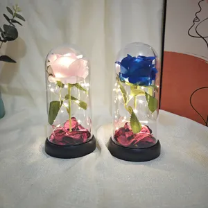 Détail de la rose sous dôme en verre avec LED, fleurs roses et bleues et guirlande lumineuse.