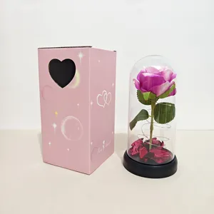 Vue détaillée de la rose violette sous cloche en verre avec lumières LED et boîte cadeau.