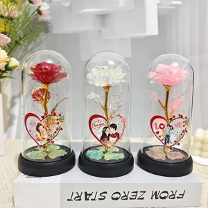 Rose en feuille d d or fleur eternelle couvercle en verre veilleuse cadeau romantique
