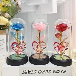 Veilleuse dôme en verre rose feuille d'or artificielle cadeau romantique fête des mères