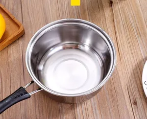 Stainless steel milk pot detail view, single handle cookware kitchen tool for daily cooking.