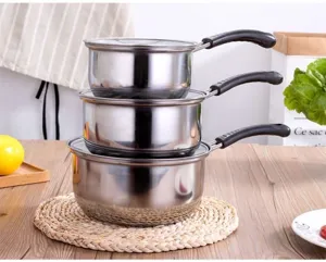 Stainless steel saucepan detailed view showing stacked pots with lids and handles for kitchen.