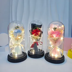 Acrylic dome rose flower night light romantic gift with led string lights for home decor.