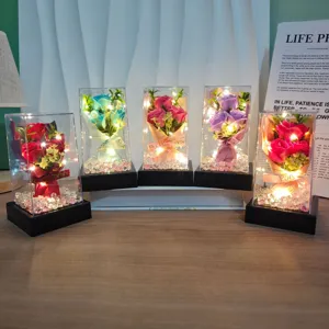Eternal rose flower gift box with LED light string, romantic bouquet decor item for gift.