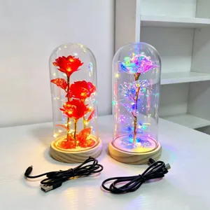 Glass dome rose night light with wooden base and LED lights, romantic Valentine gift.