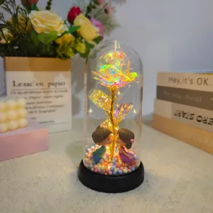 LED glass dome gold foil rose eternal flower couple doll night light romantic gift for women