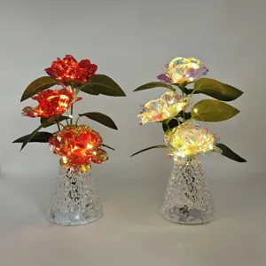 LED artificial rose flower bouquet night light in glass vase for romantic gift decoration